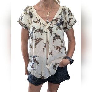 Anthropologie Moulinette Soeurs 100% SILK Beaded Sequin Bird Blouse Top Size 6